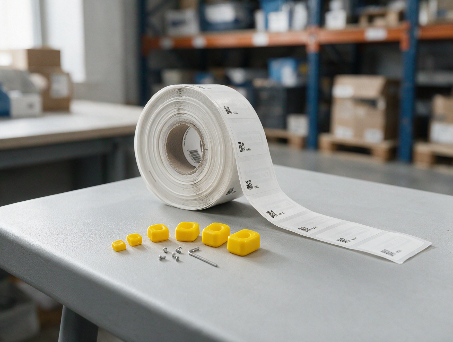 Adaptateurs de mandrin 76 mm posés à côté d'un rouleau d'étiquettes RFID